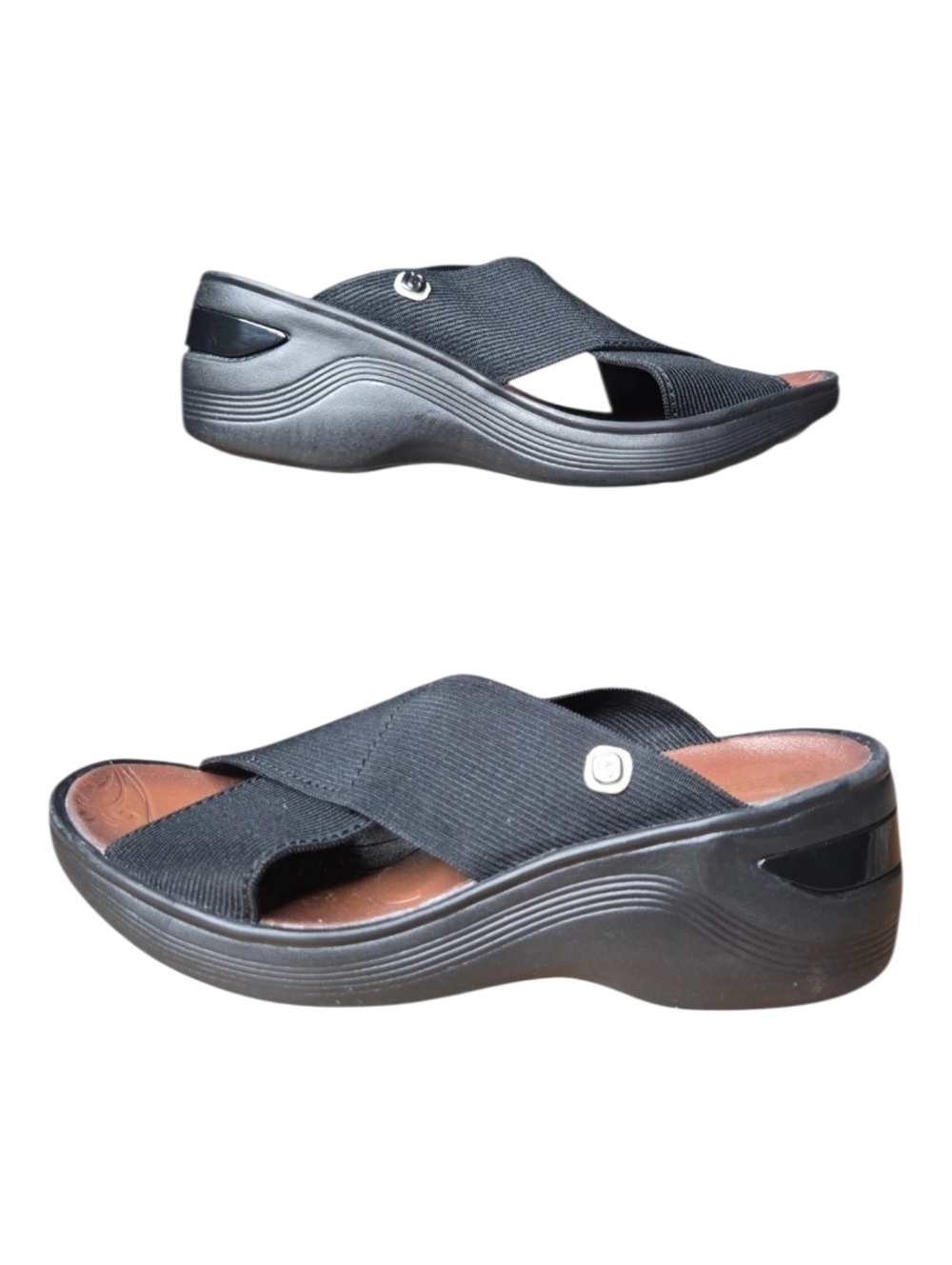 BZees Womens Black Stretch Criss Cross Desire Slide Sandals Size 6.5
